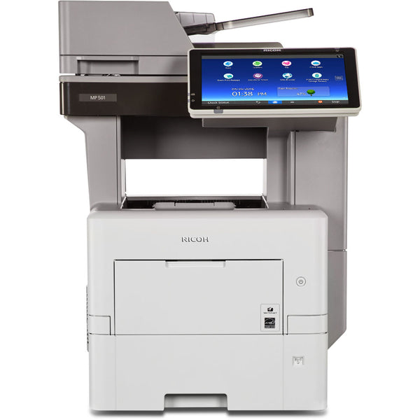 $25/Month Ricoh MP 501 SPF Desktop Monochrome Multifunction Laser Printer Copier Scanner With Large LCD Touch Screen, 50 PPM For Office